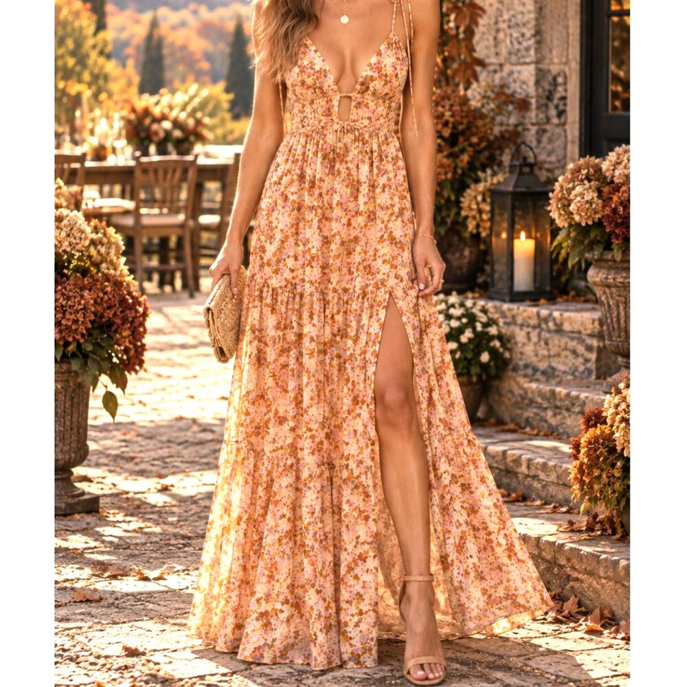 ASTR the Label Chiffon Plunging Slit Ryliana Floral Maxi Dress wedding guest M